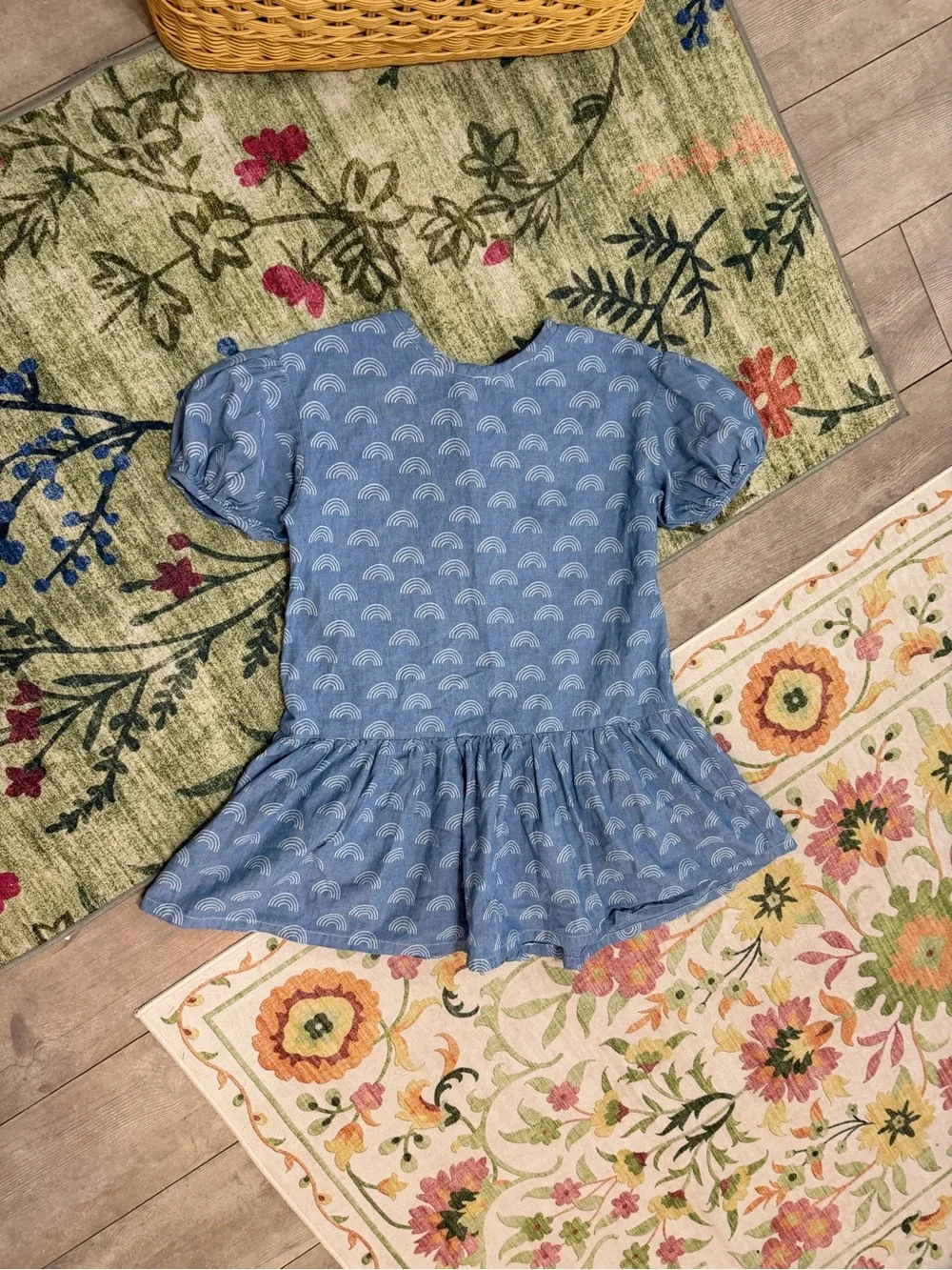Tea Collection Girl’s Denim Blue Rainbow Puff-Sleeve Dress Size 7 100% Cotton